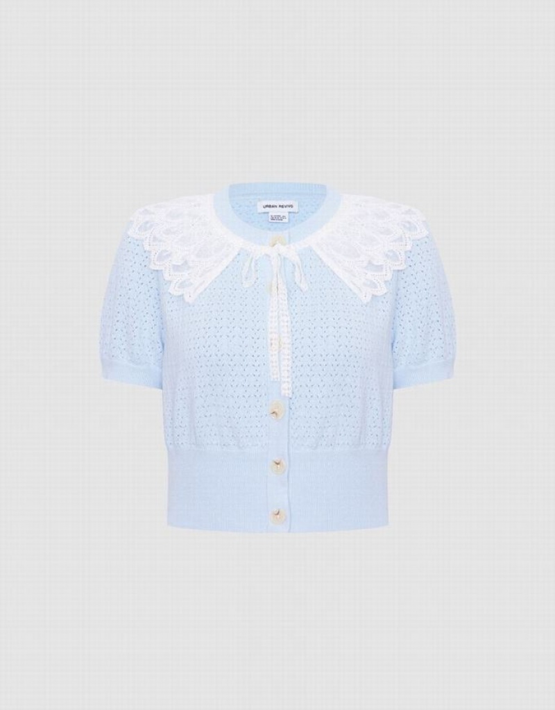 Urban Revivo Lace Collar Pointelle Button Up Women\'s Cardigan Blue | MJQUKSH-35