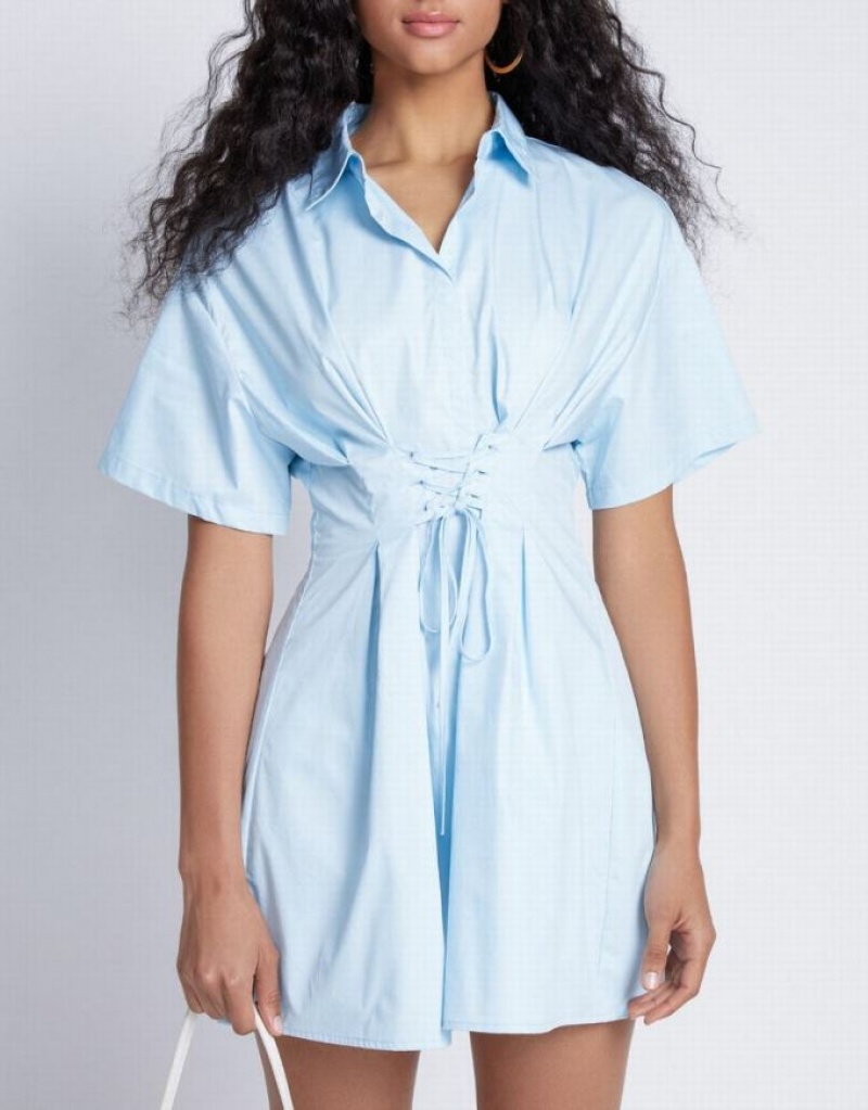 Urban Revivo Lace Up Detail Women's Shirt Dress Blue | RVEOAZF-83