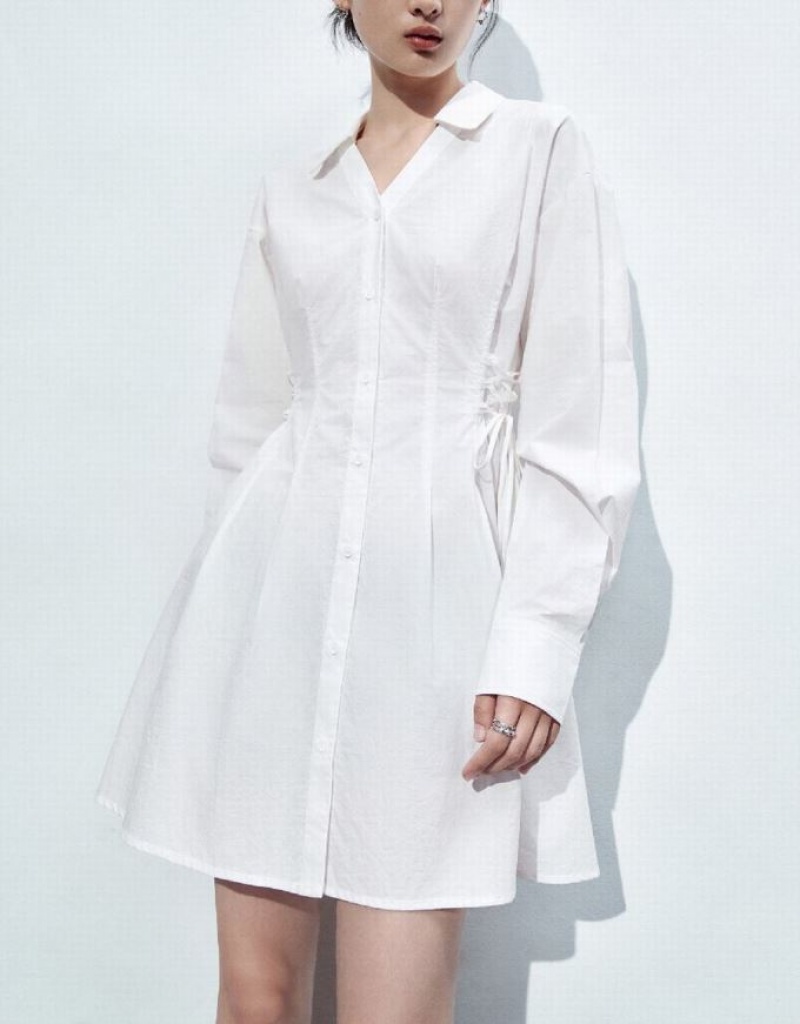 Urban Revivo Lace Up Side Skater Women's Shirt Dress White | PXLFJQB-14