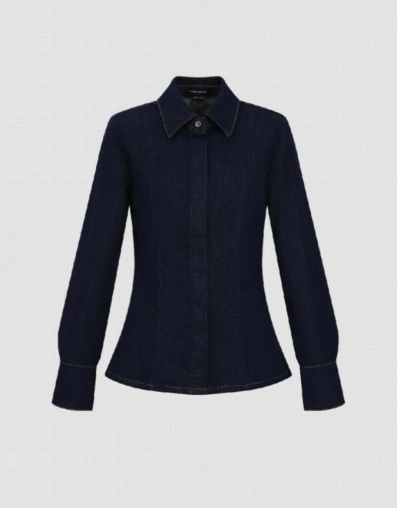 Urban Revivo Lapel Denim Women's Shirts Blue | XTBSRGN-01