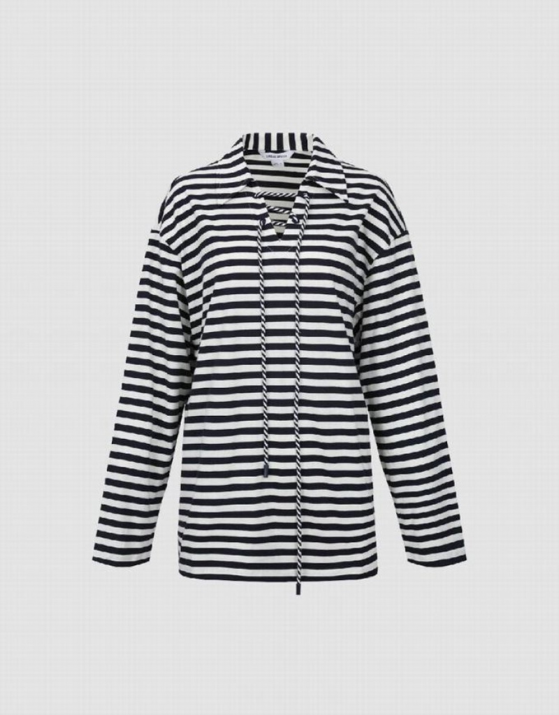 Urban Revivo Lapel Loose Women's T-Shirts Stripes | EYRNISX-08