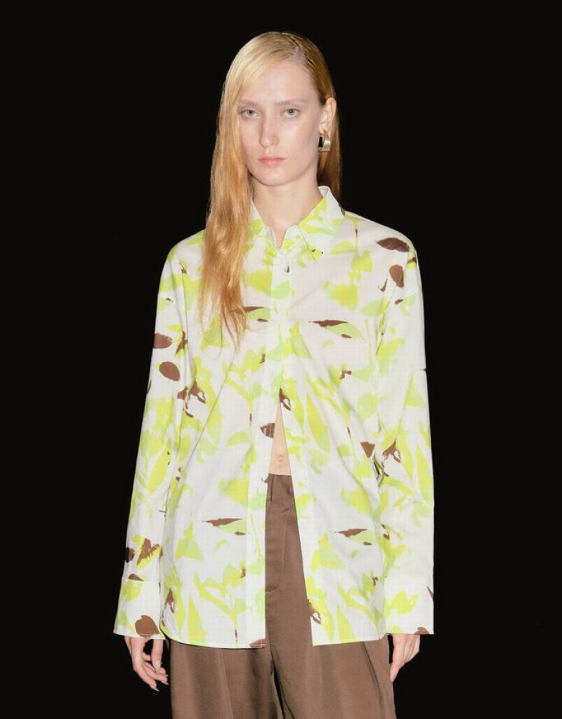 Urban Revivo Leaf Print Button Up Women's Shirts Green | XSIYQTL-12