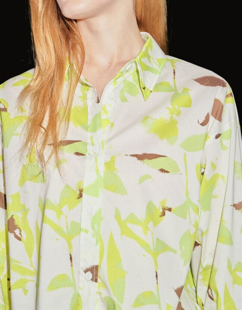 Urban Revivo Leaf Print Button Up Women's Shirts Green | XSIYQTL-12