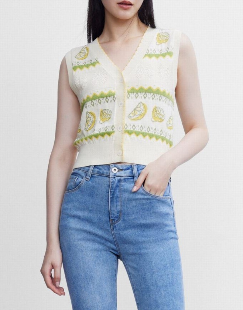 Urban Revivo Lemon Print Button Front Knitted Women's Sweater Vest White / Green | GTSVCOF-86