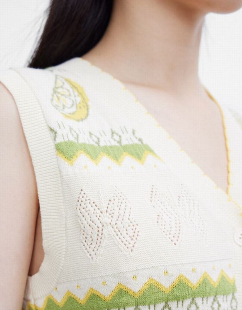 Urban Revivo Lemon Print Button Front Knitted Women's Sweater Vest White / Green | GTSVCOF-86