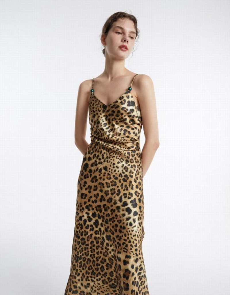 Urban Revivo Leopard Print Women's Casual Dress Brown | KPTGFHA-74