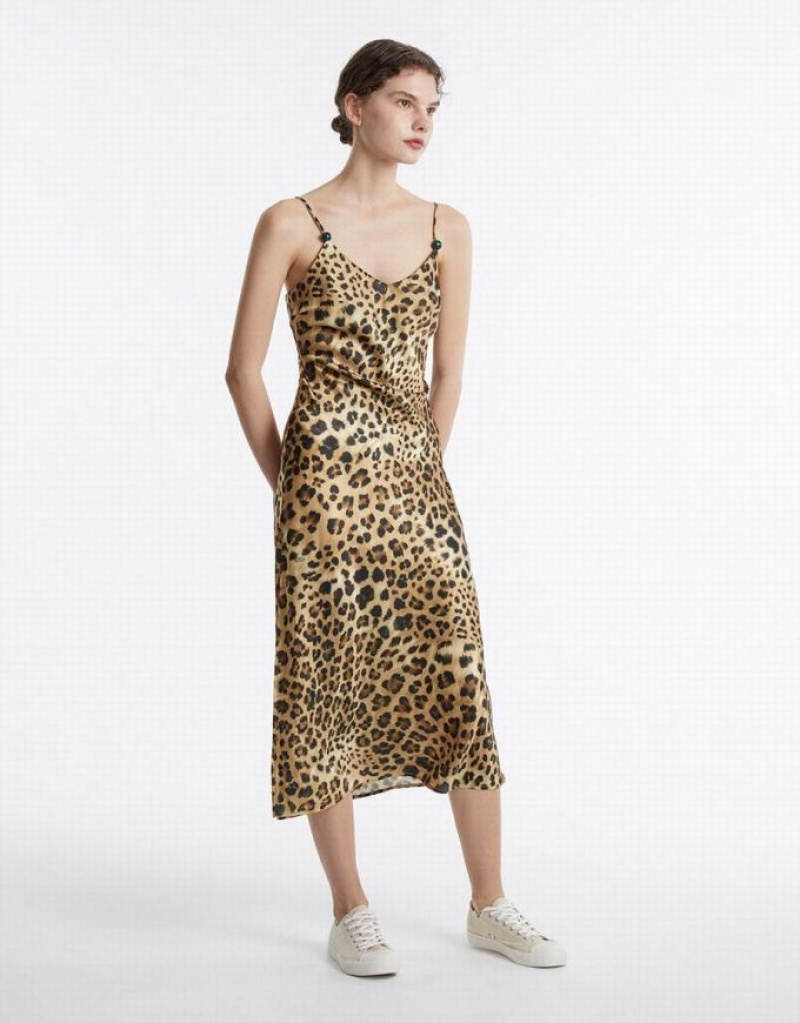 Urban Revivo Leopard Print Women's Casual Dress Brown | KPTGFHA-74