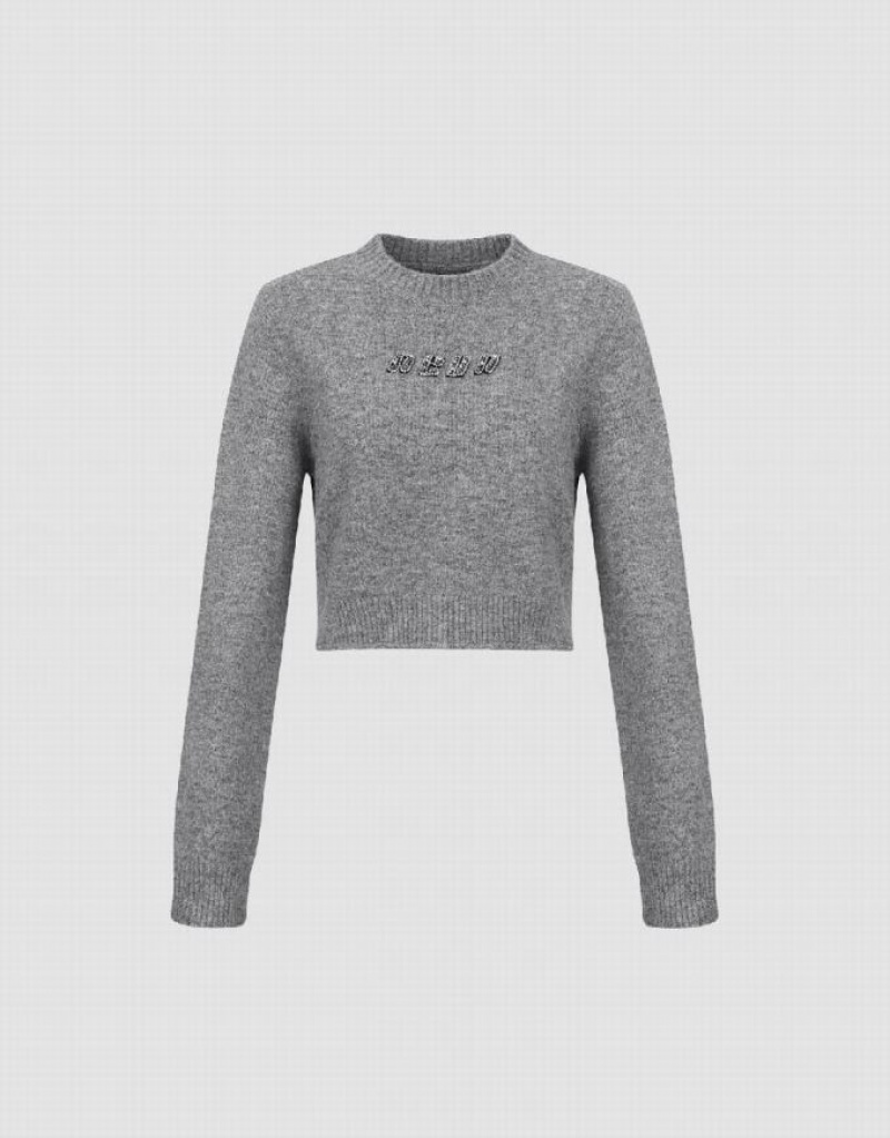 Urban Revivo Letter Embossed Crew Neck Knitted Women's Cardigan Grey | VWTFQIY-26