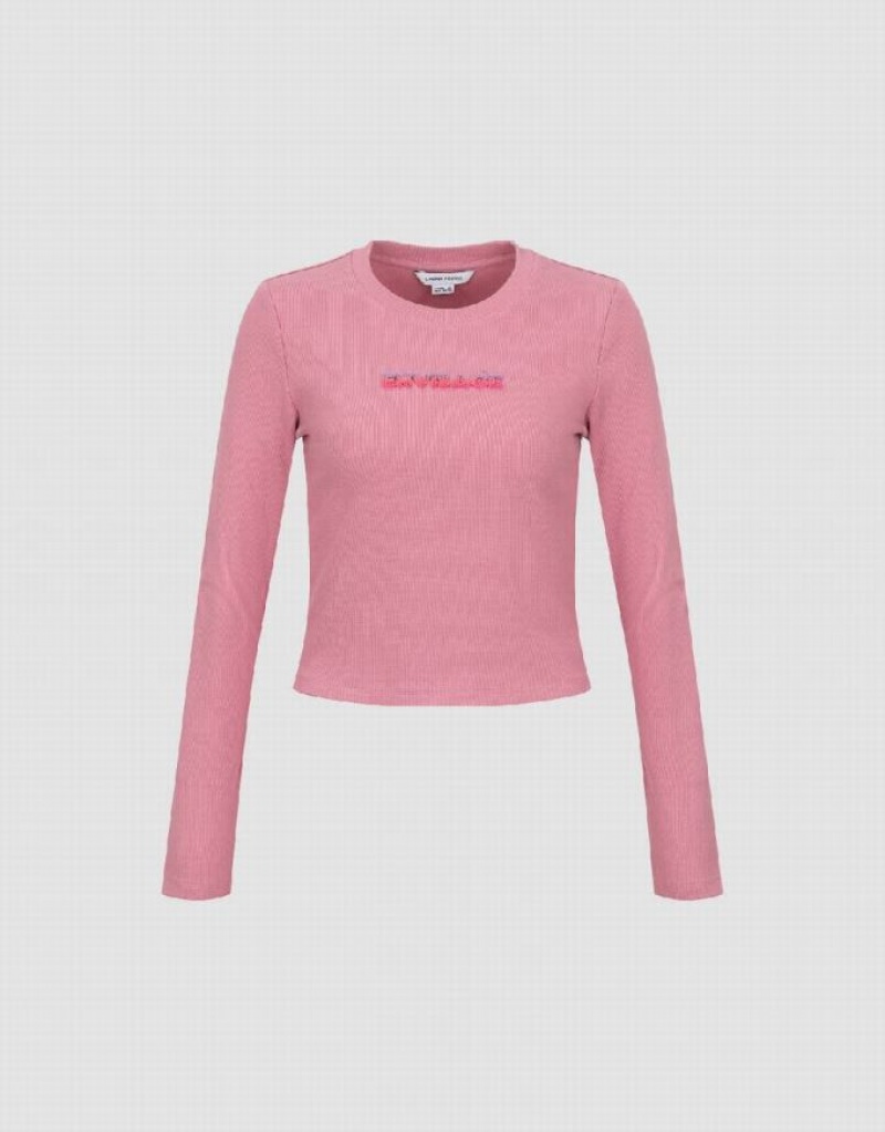 Urban Revivo Letter Embossed Crew Neck Knitted Women's T-Shirts Pink | JRTKHBZ-59