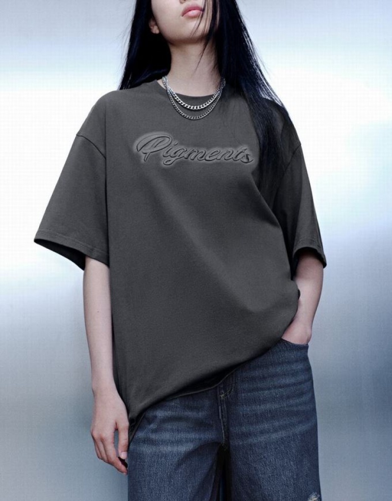 Urban Revivo Letter Embossed Crew Neck Loose Women's T-Shirts Dark Grey | QNVPYMC-51