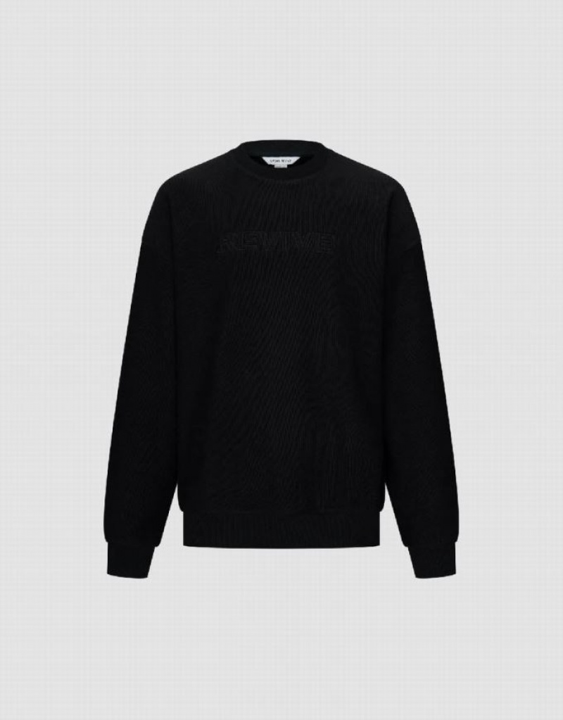 Urban Revivo Letter Embossed Crew Neck Men's Sweatshirts Black | XATLVUS-92