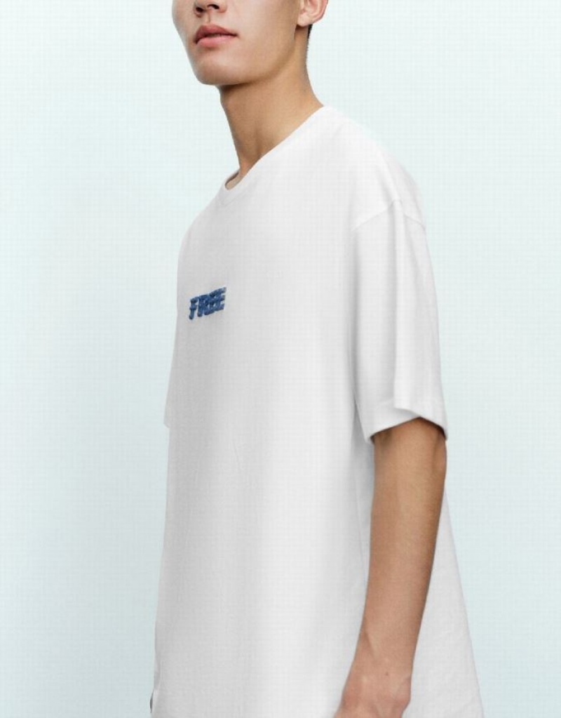 Urban Revivo Letter Embossed Crew Neck Men's T-Shirts White | NPOVZHX-84