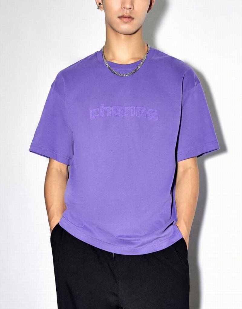 Urban Revivo Letter Embossed Crew Neck Men's T-Shirts Purple | LDPHUZG-51