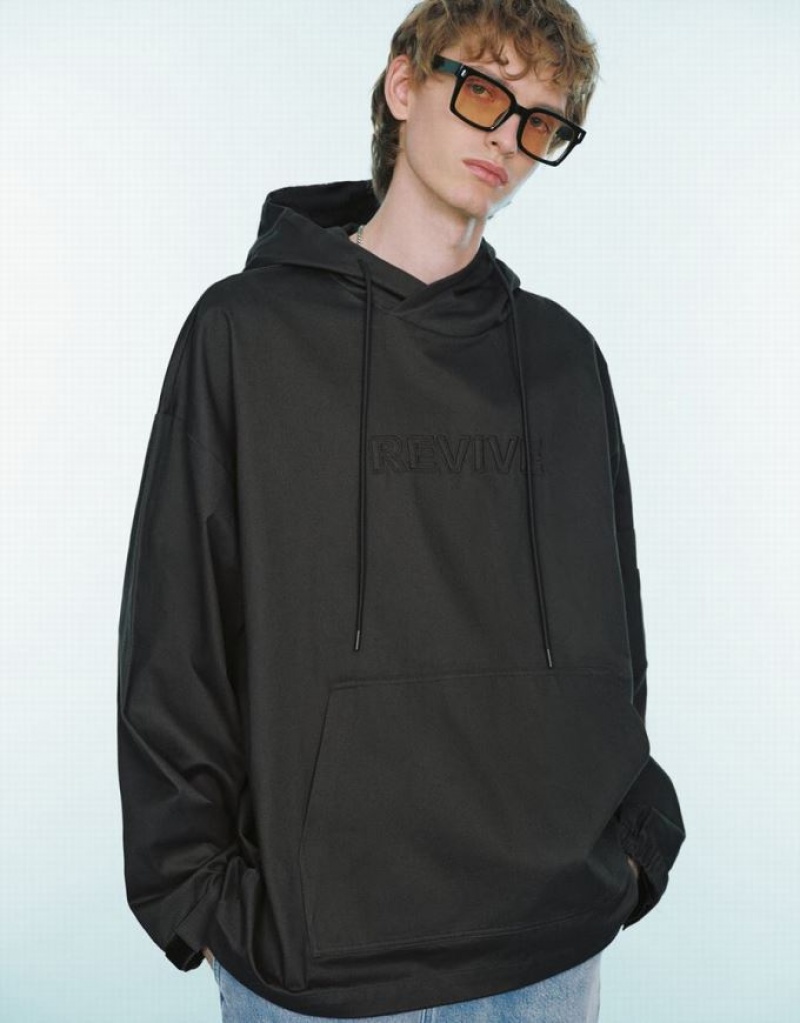 Urban Revivo Letter Embossed Oversized Hooded Overhead Men\'s Blouse Dark Grey | VYKGLUR-87