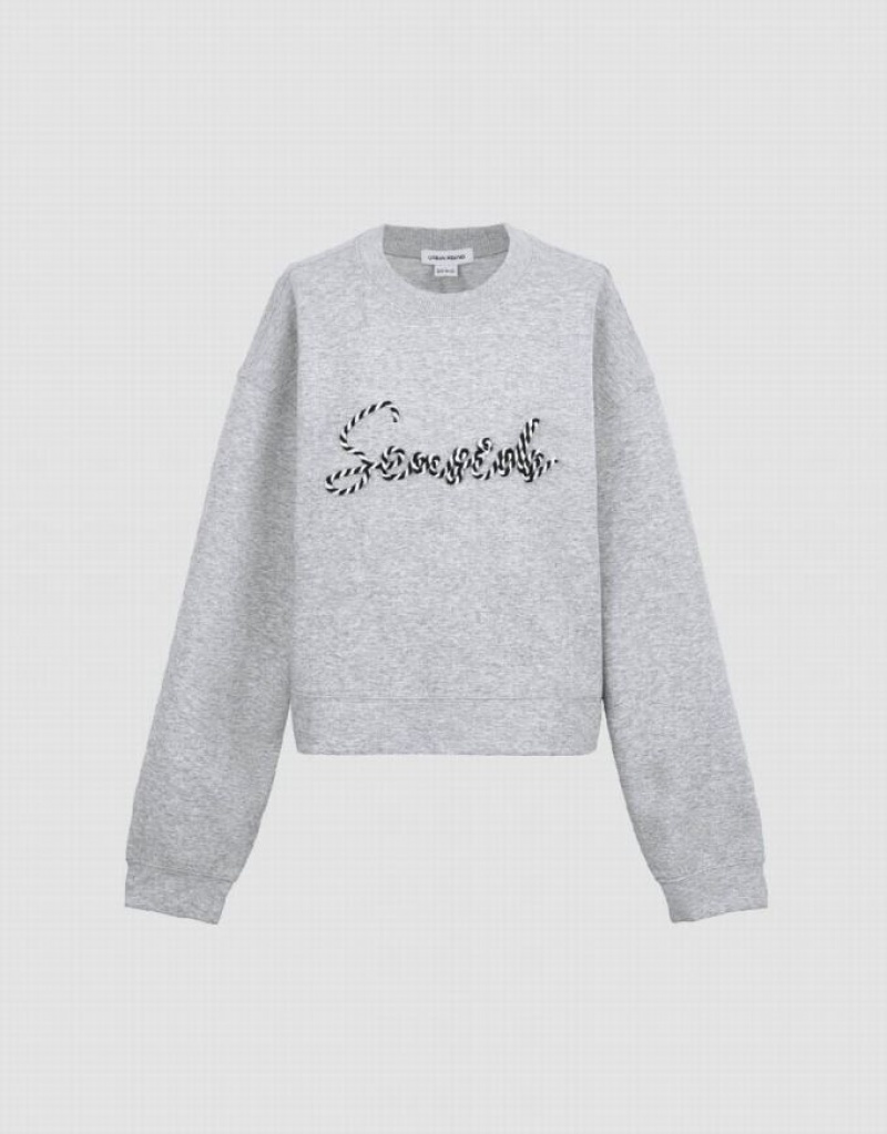 Urban Revivo Letter Embroidered Crew Neck Loose Women's Sweatshirts Light Grey | UYPAWHT-48