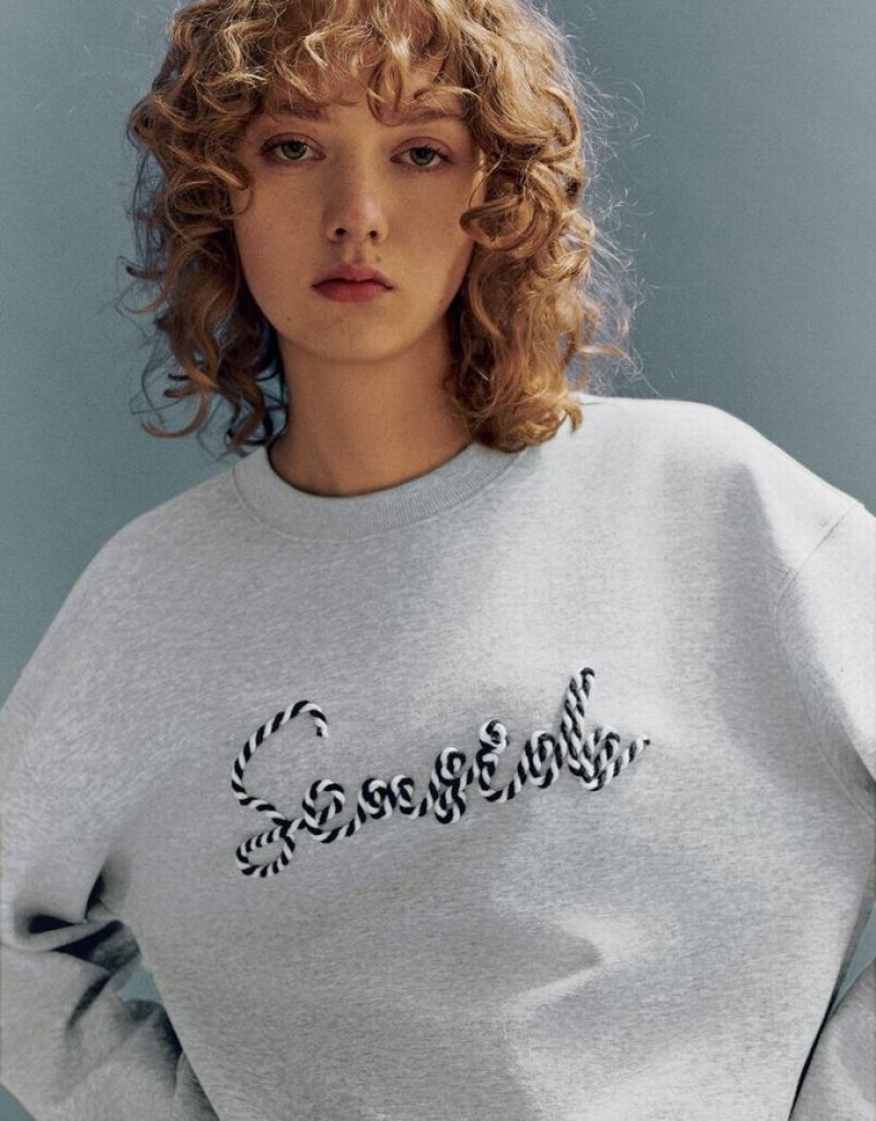 Urban Revivo Letter Embroidered Crew Neck Loose Women's Sweatshirts Light Grey | UYPAWHT-48