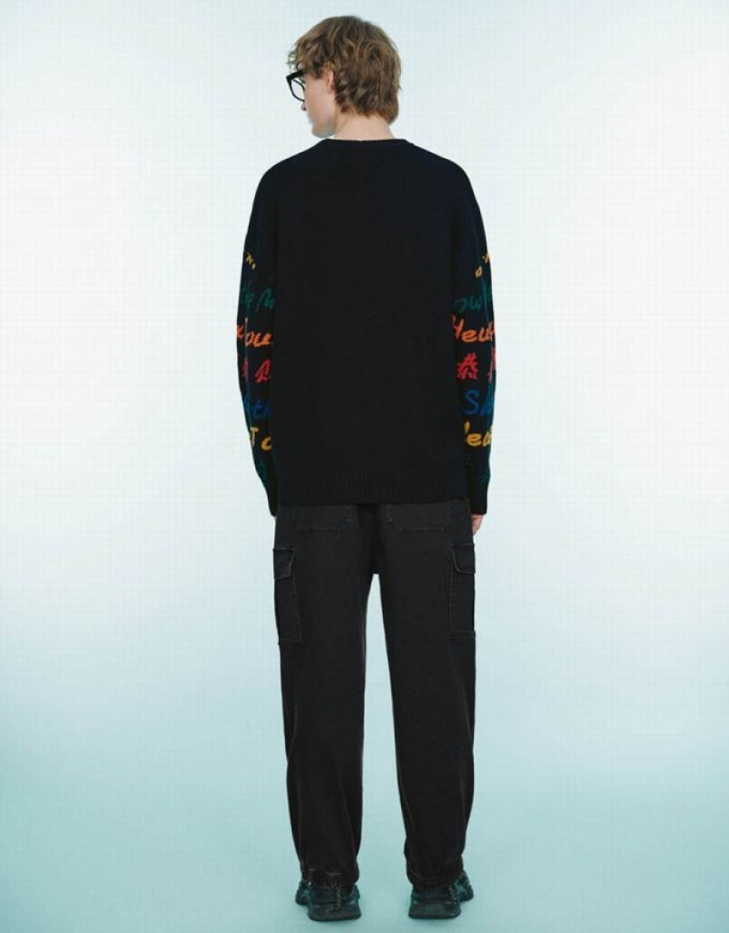 Urban Revivo Letter Embroidered Crew Neck Men's Sweaters Black | XAIBLGD-20