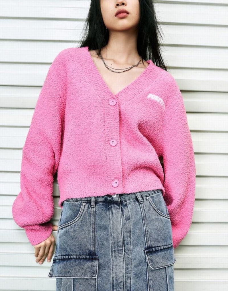 Urban Revivo Letter Embroidered V-Neck Knitted Women's Cardigan Pink | HJIBMZA-19