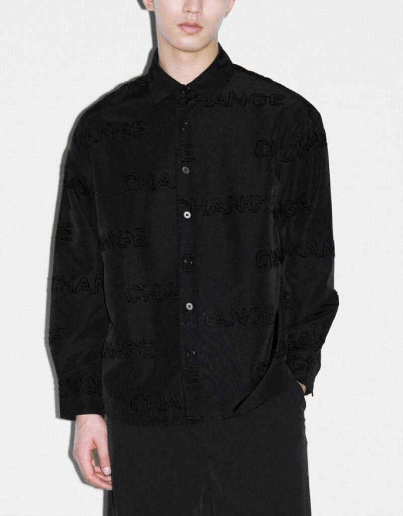 Urban Revivo Letter Printed Button Up Oversized Men's Shirts Black | JGOTDQF-28