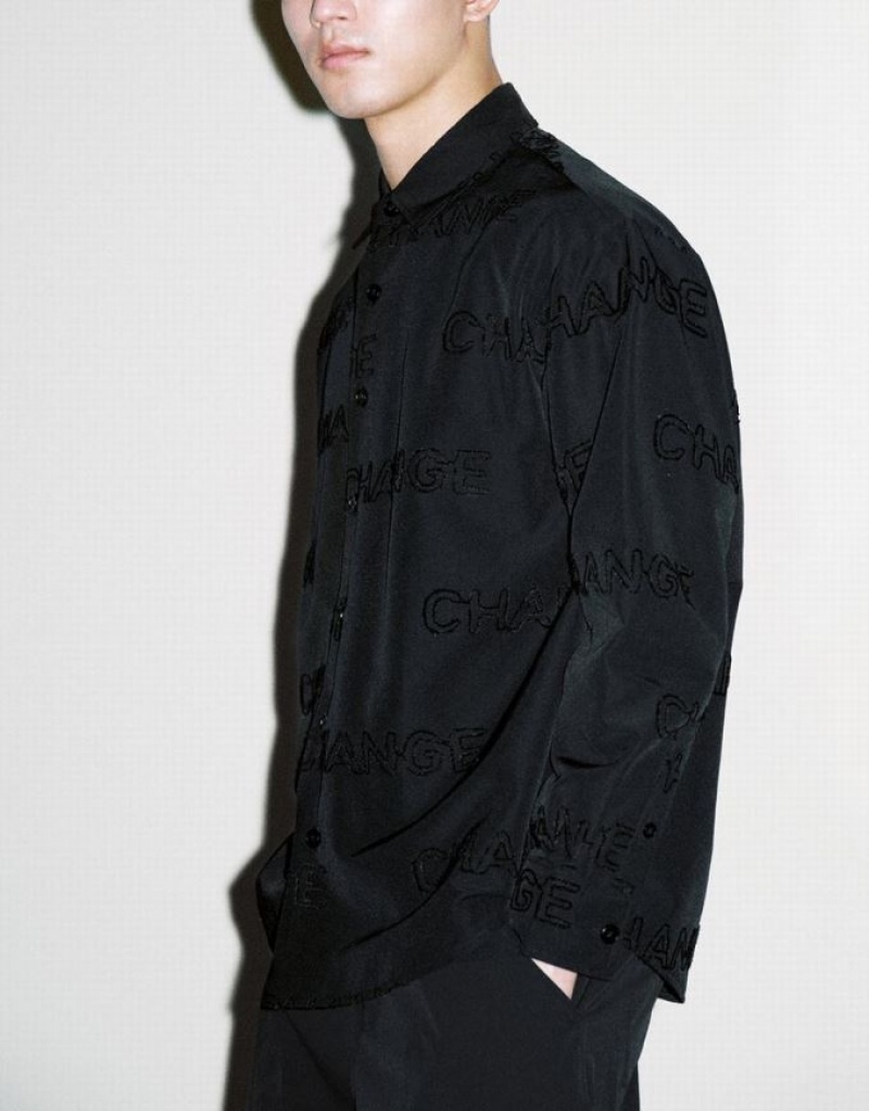 Urban Revivo Letter Printed Button Up Oversized Men's Shirts Black | JGOTDQF-28