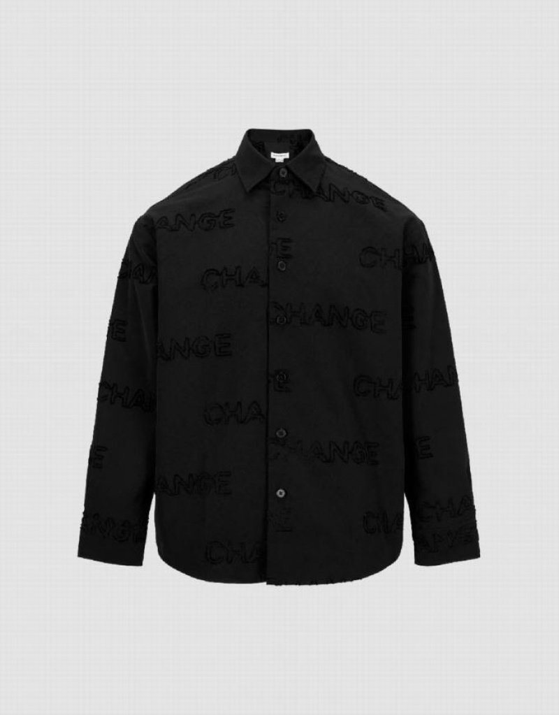 Urban Revivo Letter Printed Button Up Oversized Men\'s Shirts Black | JGOTDQF-28