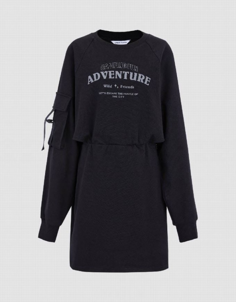 Urban Revivo Letter Printed Crew Neck A-Line Women's Dress Black | FNDSXCH-75