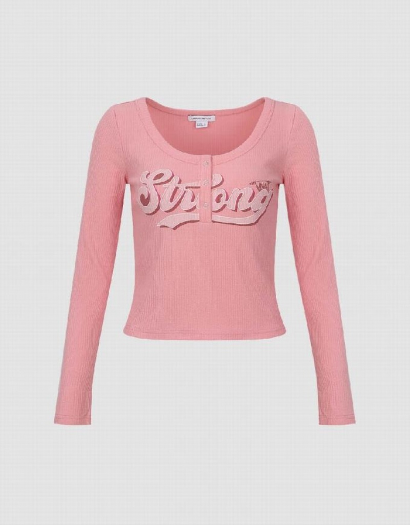 Urban Revivo Letter Printed Crew Neck Skinny Women's T-Shirts Pink | OIZMUGC-25