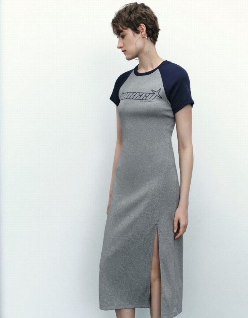 Urban Revivo Letter Printed Crew Neck Straight Women's Dress Grey | WAZVENP-43