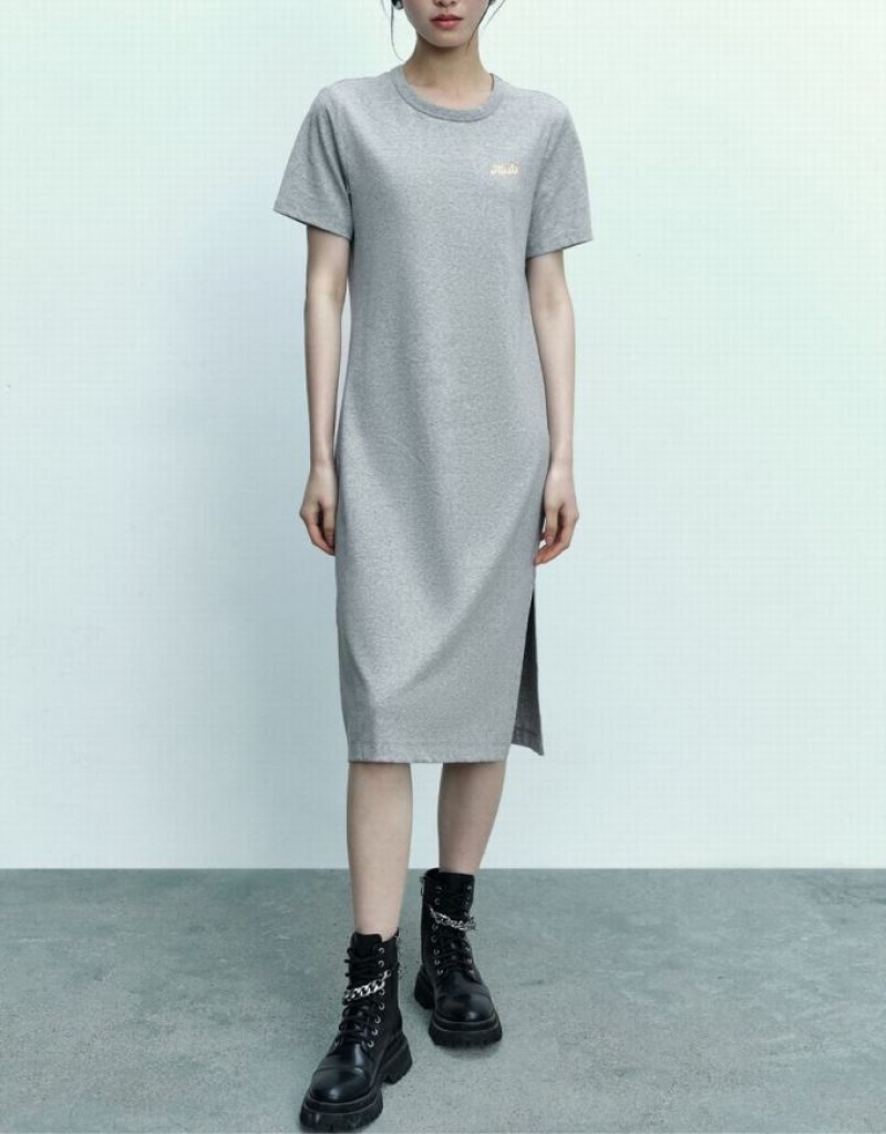 Urban Revivo Letter Printed Crew Neck Straight Women's Dress Grey | CDKFIUY-78