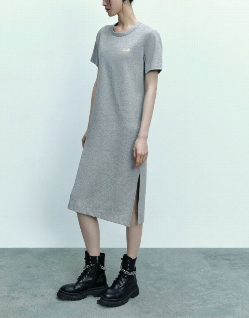 Urban Revivo Letter Printed Crew Neck Straight Women's Dress Grey | CDKFIUY-78