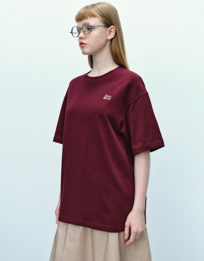 Urban Revivo Letter Printed Loose Women's T-Shirts Burgundy | XUQYIWG-86