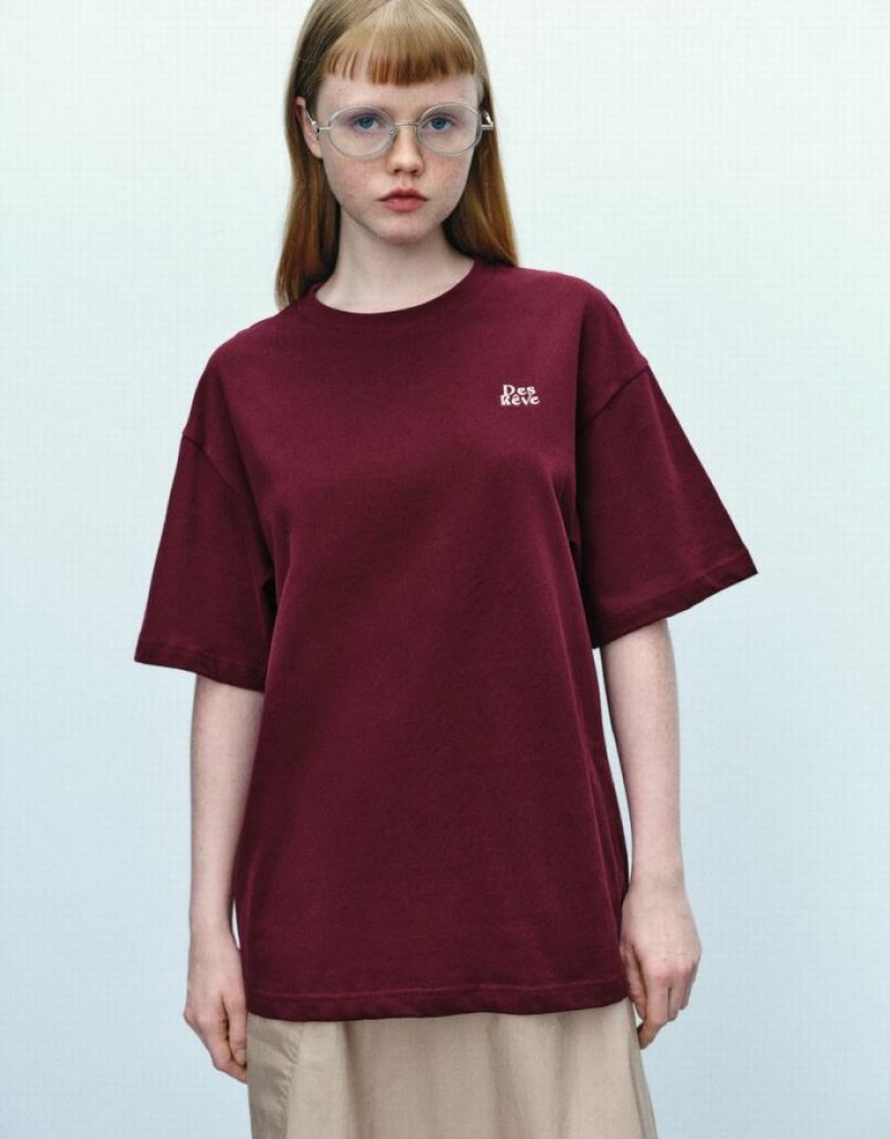 Urban Revivo Letter Printed Loose Women\'s T-Shirts Burgundy | XUQYIWG-86