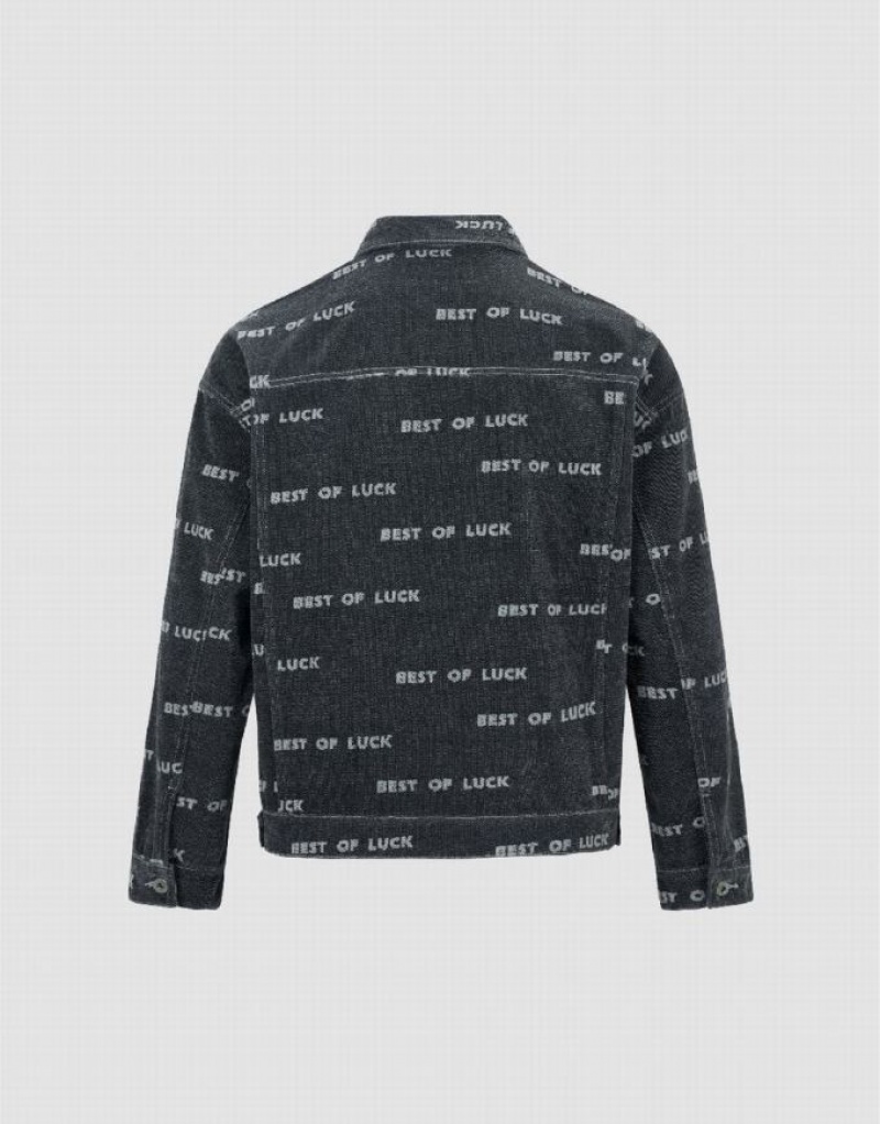 Urban Revivo Letter Printed Men's Denim Jackets Black | HAVQGMT-68