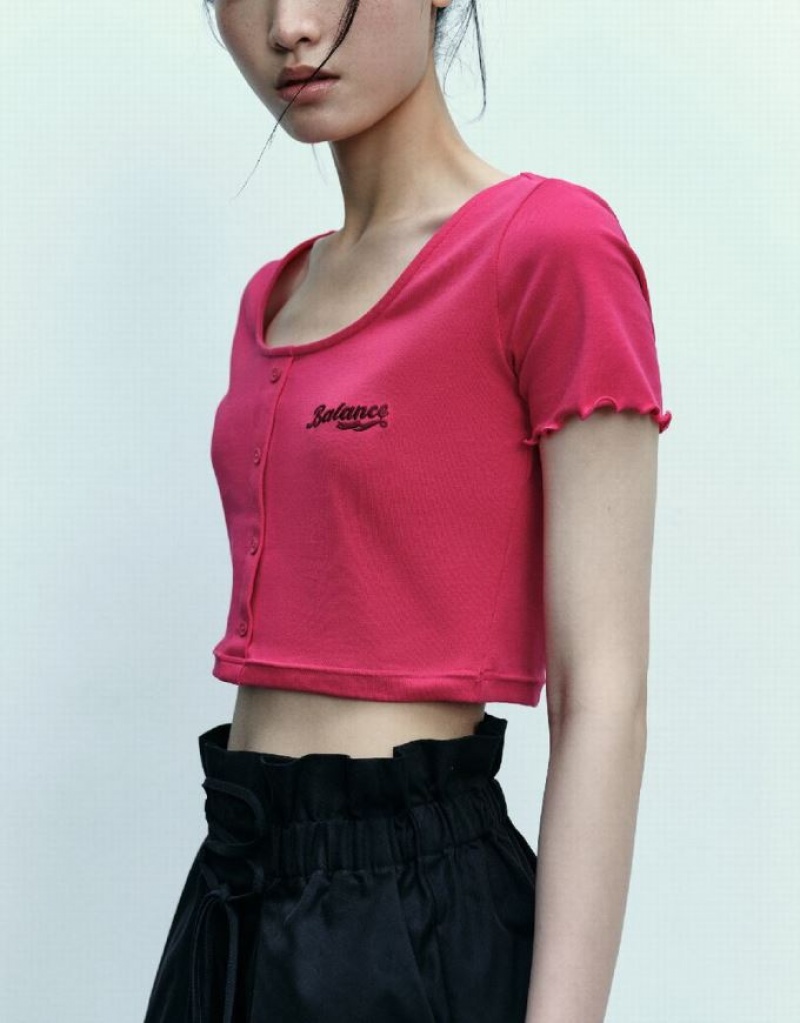 Urban Revivo Lettuce Trim Cuff Skinny Women's T-Shirts Pink | LEXWIBO-50