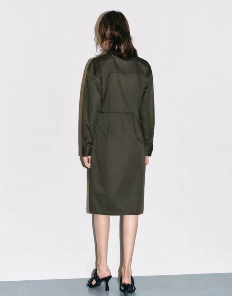 Urban Revivo Long Sleeve Straight Women's Dress Green | LCWVQTO-50