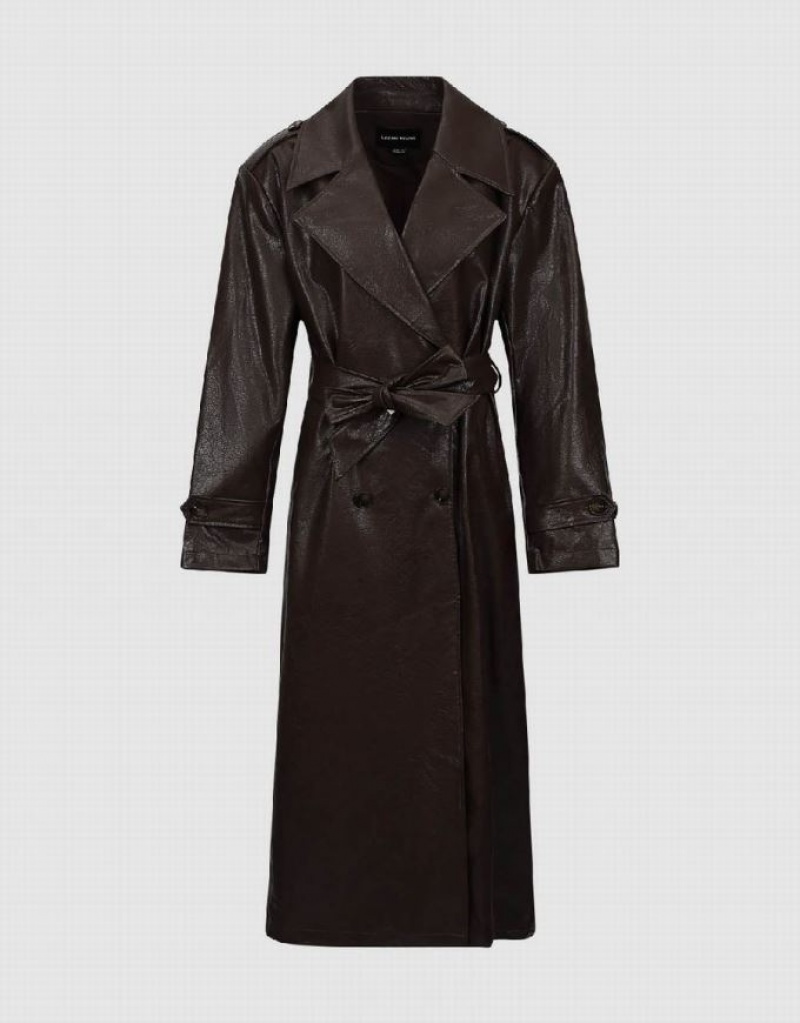 Urban Revivo Longline Vegan Leather Women's Trench Coat Brown | KLAEFMW-31