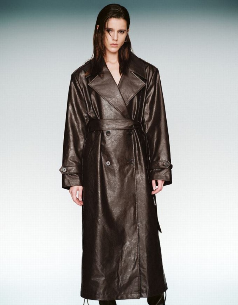 Urban Revivo Longline Vegan Leather Women's Trench Coat Brown | KLAEFMW-31