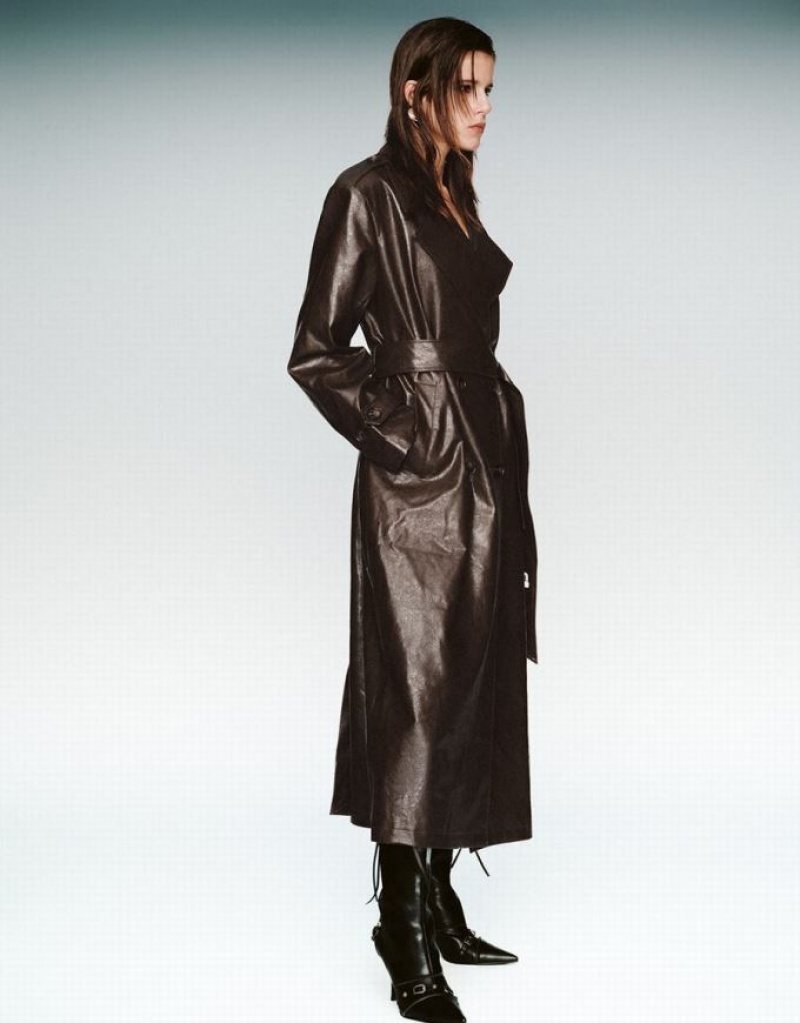 Urban Revivo Longline Vegan Leather Women's Trench Coat Brown | KLAEFMW-31