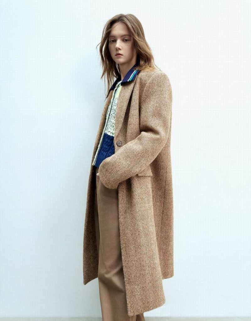 Urban Revivo Longline Woolen Women's Coats Brown | IZCYOUD-83