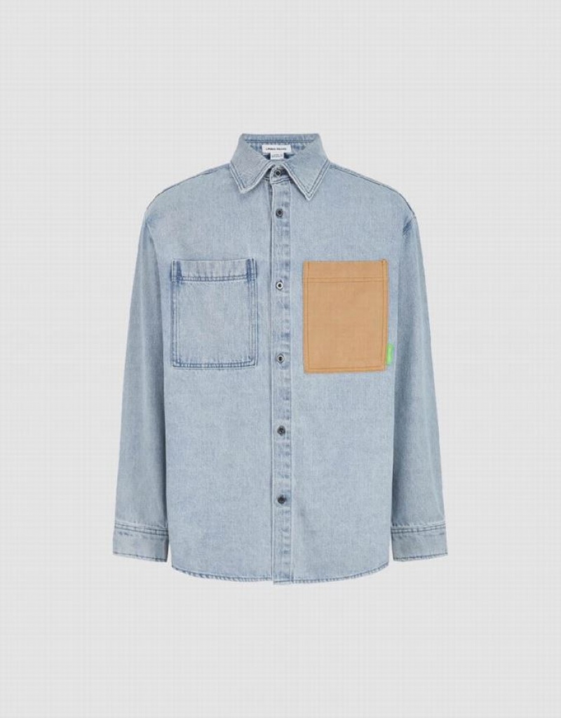 Urban Revivo Loose Denim Men's Shirts Blue | ILWPVDE-92