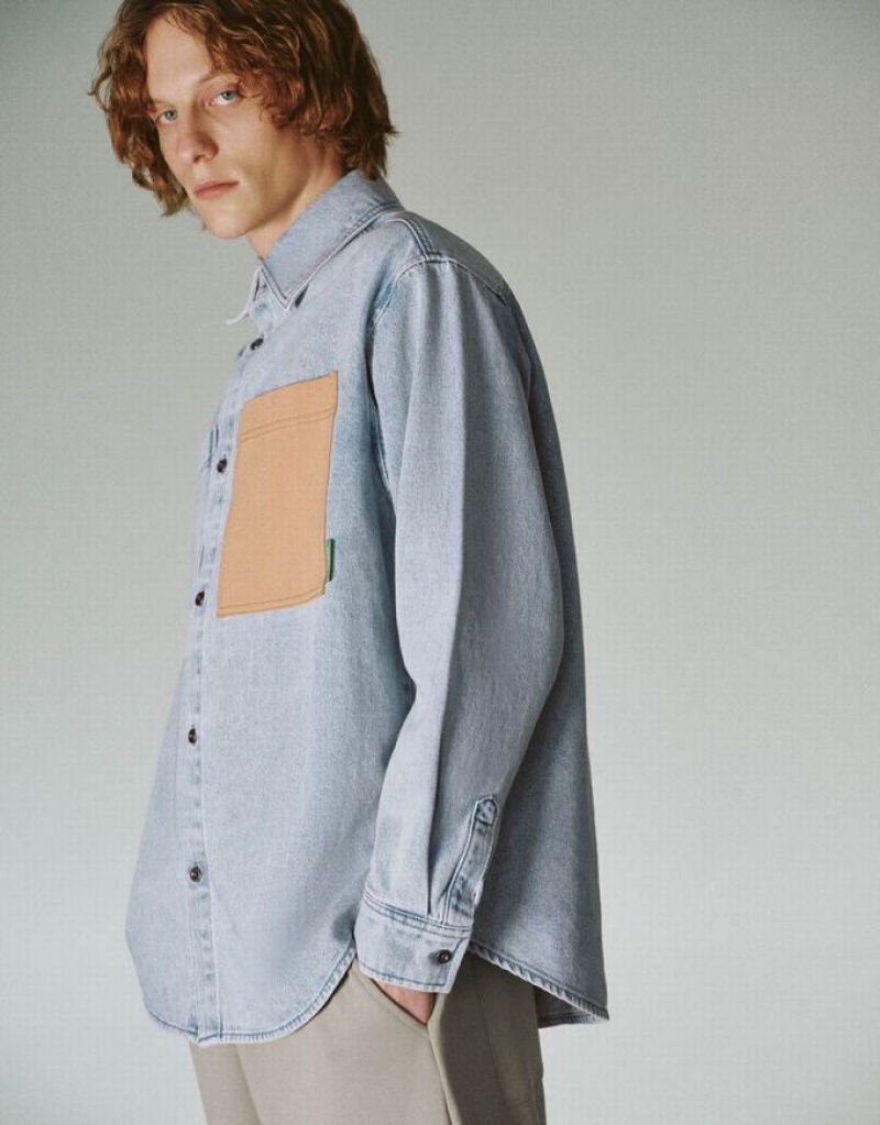 Urban Revivo Loose Denim Men's Shirts Blue | ILWPVDE-92