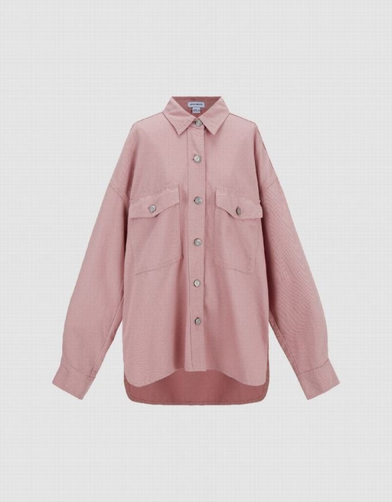 Urban Revivo Loose Denim With Pockets Women's Shirts Pink | GQFUHDE-03