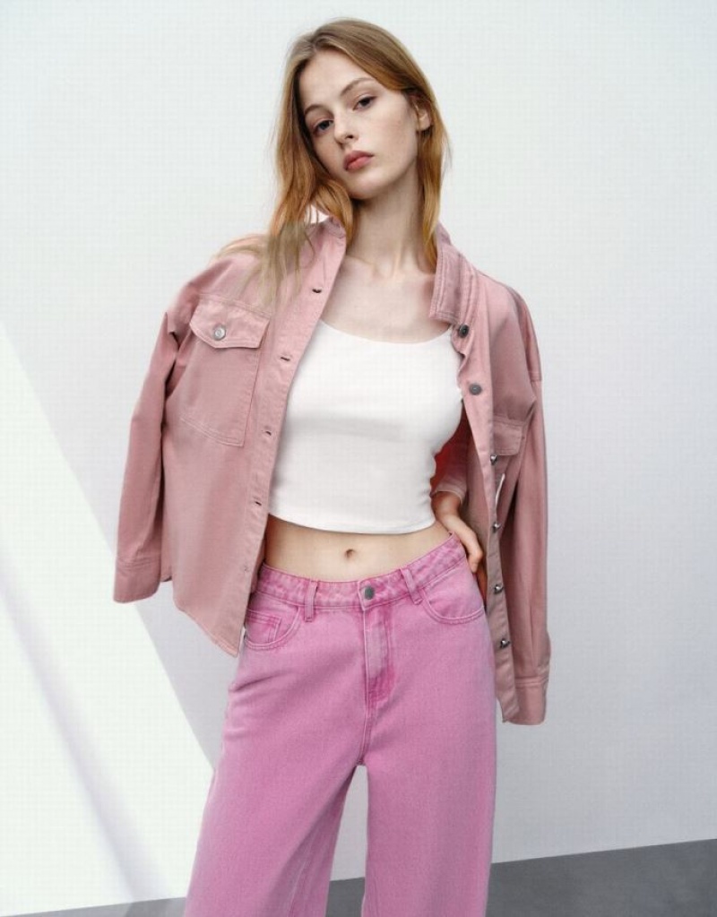 Urban Revivo Loose Denim With Pockets Women's Shirts Pink | GQFUHDE-03