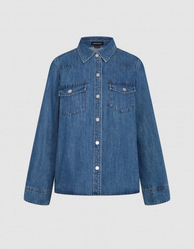 Urban Revivo Loose Denim With Pressed Buttons Women's Shirts Blue | KSHDVZJ-91