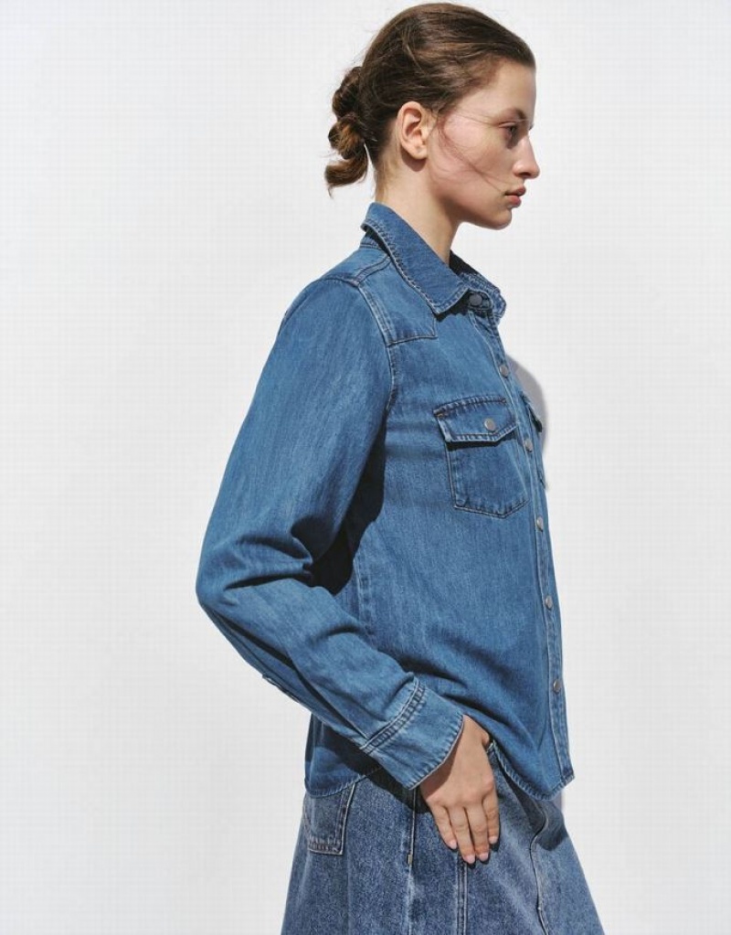 Urban Revivo Loose Denim With Pressed Buttons Women's Shirts Blue | KSHDVZJ-91