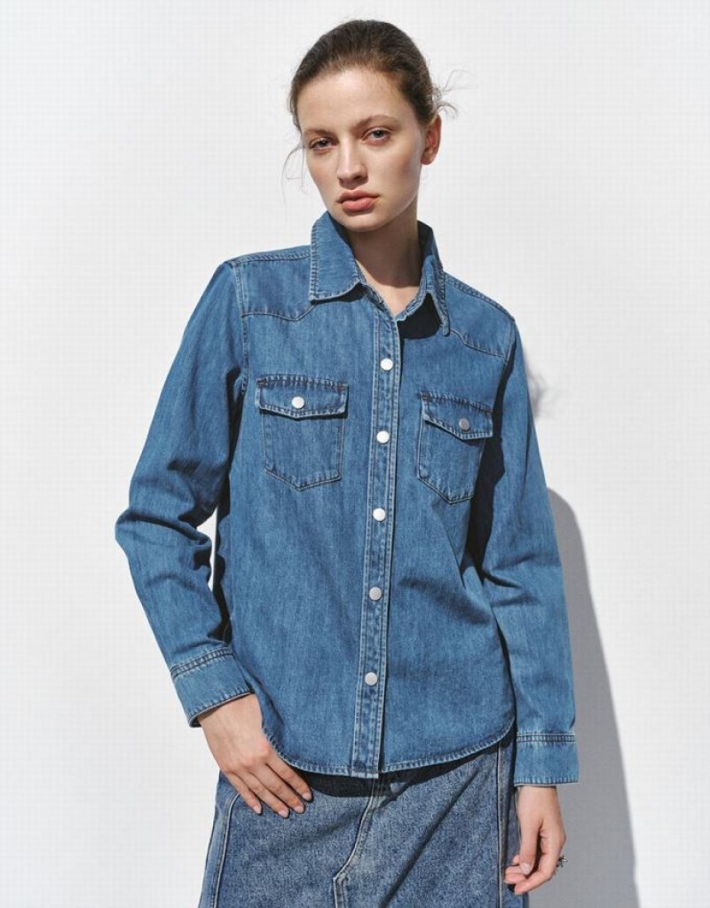 Urban Revivo Loose Denim With Pressed Buttons Women\'s Shirts Blue | KSHDVZJ-91