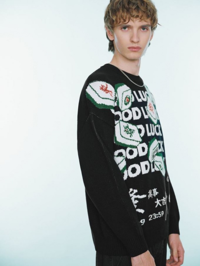 Urban Revivo Mahjong Embroidered Men's Sweaters Black | AKQFEUH-62