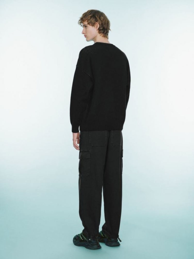 Urban Revivo Mahjong Embroidered Men's Sweaters Black | AKQFEUH-62