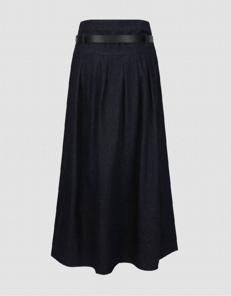 Urban Revivo Midi A-Line With Belt Women's Denim Skirt Blue | NYHRDIZ-67