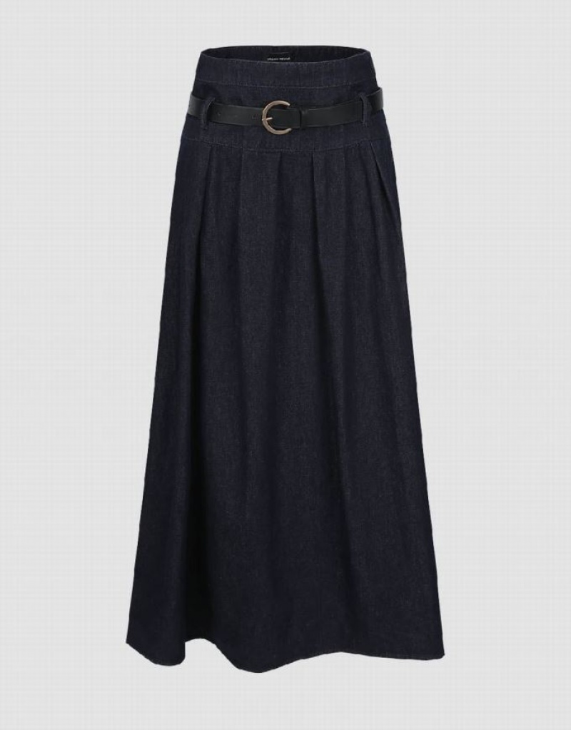 Urban Revivo Midi A-Line With Belt Women\'s Denim Skirt Blue | NYHRDIZ-67